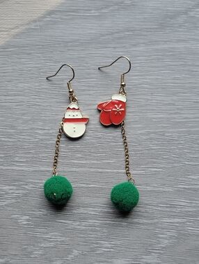 Christmas Snowman & Mitten Dangle Earrings With Green Pom Pom